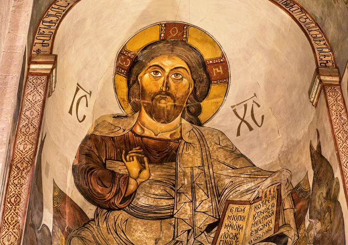 Jesus portrait on fresco of Svetitskhoveli Cathedral, from 4th century in Mtskheta, Georgia. UNESCO World Heritage Site.